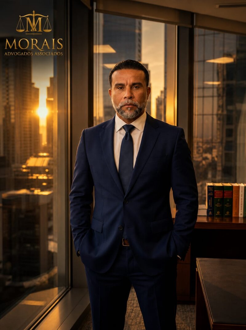 Advogado do escritório Morais Advogados Associados no escritório, ao lado da janela